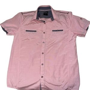 Vertical Sport Men’s Button Down Causal Short Sleeve Shirt Pink Grey Size Med